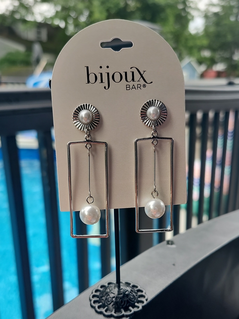 Bijoux Bar Silver Frame Drop Earrings with Pearl Accent